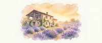 Watercolor painting of rustic stone farmhouse surrounded by purple lavender fields at golden sunset, countryside landscape art for home decor and wall prints.