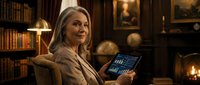 Mature woman with blonde hair and light complexion, wearing a beige blazer, holding a digital tablet displaying data analytics interface, seated in an elegant home office with bookshelves, warm lighting, and fireplace for business technology concepts.