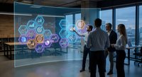 Business professionals analyzing digital data visualization with hexagonal interface elements in modern office conference room setting.