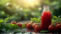 Fresh tomato juice in glass bottle surrounded by ripe red tomatoes and green basil leaves on wooden table with natural sunlight and garden background.