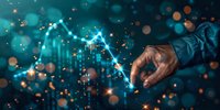 Financial market decline concept with businessman hand touching glowing blue downward trend graph, perfect for investment and economic crisis topics.