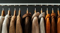 Cozy knitted sweaters in earth tones hanging on wooden hangers against dark background. Autumn and winter wardrobe collection showcasing various shades of brown, beige and orange.