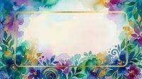 Watercolor floral frame with vibrant blooms and leaves in purple, teal, and gold tones surrounding a blank center space for text or design placement.