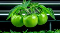 Fresh green tomatoes on vine with detailed leaves against dark background, natural organic produce showing ripening process on plant stem.