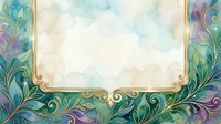 Watercolor floral frame with gold ornamental border, teal and purple botanical leaves, soft pastel background with copy space for text or design.
