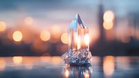 Clear quartz crystal cluster glowing with warm bokeh lights reflecting on water surface against blurred city sunset background, creating magical atmosphere.