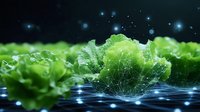 Fresh green lettuce leaves with glowing network connections and light effects on dark background, futuristic food technology concept for agriculture innovation.