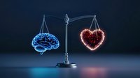 Glowing brain and heart on balance scale symbolizing emotional intelligence and rational thinking balance on dark background. For psychology concepts.
