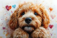 Adorable goldendoodle puppy with bright blue eyes surrounded by watercolor hearts and splashes on white background, close up portrait of fluffy dog face.
