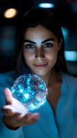 Young woman with long dark hair and light eyes, South Asian ethnicity, holding glowing digital sphere with blue and cyan light particles, suitable for technology, innovation, and future concepts.