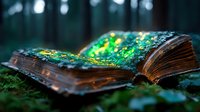 Mystical open book with glowing magical sparkles and moss in dark enchanted forest setting, creating ethereal atmosphere with bokeh lights and natural elements.