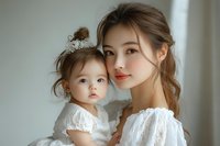 Young Asian mother and baby daughter in matching white lace dresses pose together against light background, creating tender family portrait moment.