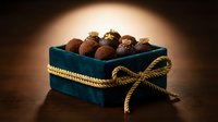 Luxury chocolate truffles in elegant teal velvet gift box with golden rope bow, perfect for holiday gifting, confectionery marketing, and gourmet food photography.