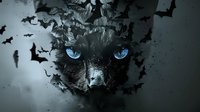Mysterious black cat with glowing blue eyes emerging from dark shadows with flying bats silhouettes creating spooky Halloween atmosphere for seasonal designs.