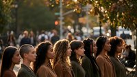 Diverse group of young adults standing together outdoors in urban setting during golden hour, suitable for community, teamwork, and social concepts.