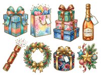 Festive gift boxes, wrapped presents, holiday decorations, champagne bottle, Christmas wreath, and ornaments isolated on white background for seasonal design projects.