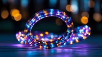 Colorful LED rope light creating circular shape with bokeh background, glowing in blue, purple and orange colors against dark surface for festive decoration.