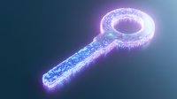 Glowing digital key with magical particle effect floating in dark space, neon blue and purple light trails creating ethereal cybersecurity concept.