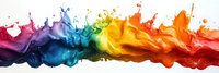 Vibrant rainbow colored paint splashes flowing horizontally against white background, creating dynamic fluid art movement with rich hues blending seamlessly in abstract formation.