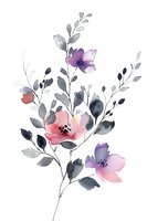 Delicate watercolor floral composition with pink and purple flowers, gray leaves on white background, elegant botanical art for wedding stationery and decor.