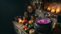 Witch's cauldron with glowing purple potion, hanging copper pots, autumn gourds, and candlelit shelves create a mystical Halloween or fantasy scene for creative projects.