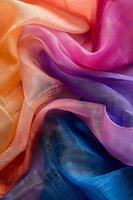Colorful sheer fabric with gradient from orange to pink, purple, and blue, showing delicate texture and flowing folds for fashion design.