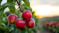 Fresh ripe red plums hanging on tree branch with green leaves at sunset. Natural organic fruit growing in orchard garden during harvest season.