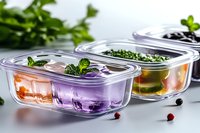 Glass containers with fresh ingredients and herbs in meal prep containers on light background. Healthy eating and food storage concept.
