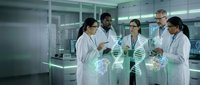 Diverse medical research team analyzing DNA double helix hologram in modern laboratory for genetic studies and biotechnology advancement.