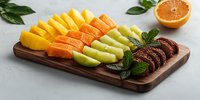 Fresh sliced tropical fruits including pineapple, orange, kiwi and chocolate cookies arranged on wooden cutting board with mint leaves garnish.