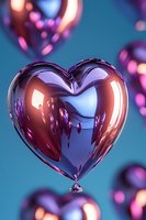 Metallic pink heart-shaped balloon floating on blue background with reflective surface and bokeh lights creating romantic atmosphere for Valentine's day designs.