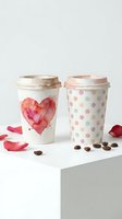 Two disposable coffee cups with kraft paper lids on white surface. Left cup features watercolor red heart design, right cup displays pastel polka dot pattern. Scattered coffee beans and rose petals complete the composition.