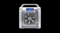 Portable electric fan heater with blue LED display and silver casing, isolated on transparent background, ready for T-shirt design, clipart, stickers, and print on demand.