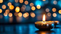 Glowing oil lamp with warm flame against blurred bokeh lights background creating peaceful ambiance for meditation, relaxation and spiritual practices.