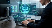Professional businessman using AI robo advisor technology for financial investment analysis and asset allocation on computer screen interface.