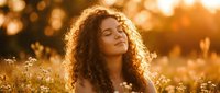 Young mixed-race woman with curly hair enjoying peaceful moment in golden sunset light among wildflowers, eyes closed in serene meditation outdoors.