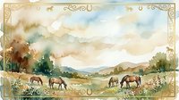 Herd of horses grazing in pastoral valley landscape with mountains, wildflowers, and ornate decorative border frame, watercolor style artwork for home decor and nature themes.