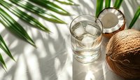 Fresh coconut water in glass with ice cubes, whole and cut coconuts on white background with palm leaves and natural sunlight shadows.