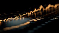 Golden financial chart glowing in dark background with dramatic lighting and reflection, showing market trends and stock analysis data for business concept.