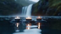 Glowing candles float on dark water against majestic waterfall backdrop, creating serene atmosphere with gentle reflections in tranquil pool at dusk.
