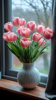 Pink tulips arranged in a white ribbed vase on a wooden windowsill with bare tree branches visible outside, perfect for spring home decor and floral arrangements.