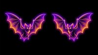 Neon glowing bats with purple and orange wings on black background, isolated design element suitable for Halloween graphics, t-shirt prints, and digital artwork.
