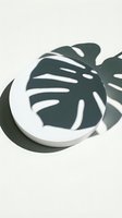 Minimalist white circular plate with monstera leaf shadow cast on neutral background, isolated design element for tableware and home decor projects.