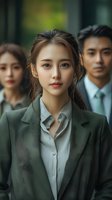 Young Asian businesswoman in green blazer and light blouse standing confidently with colleagues in background, portraying professional leadership and success.