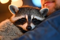 Adorable raccoon resting on soft blanket with bokeh lights in background, close up portrait showing expressive eyes and distinctive facial markings in warm evening light.