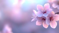 Delicate pink cherry blossoms against soft purple bokeh background, macro view showing detailed petals and stamens in spring flowering season.