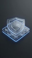 Transparent glass shield badge with glowing neon blue light effect on dark background, suitable for gaming, technology, awards, and digital design projects.
