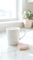 White ceramic mug with love inscription beside a pink heart-shaped cookie on marble surface, soft natural light, Valentine's Day concept.
