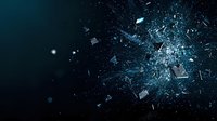 Dramatic explosion of glass shards and fragments against dark blue background, creating dynamic motion effect for impact visualization.