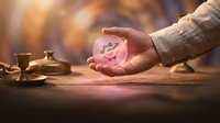 Senior man holding glowing pink rose in palm with brass candlesticks on wooden surface, symbolizing love, hope and spirituality for greeting cards and inspirational content.